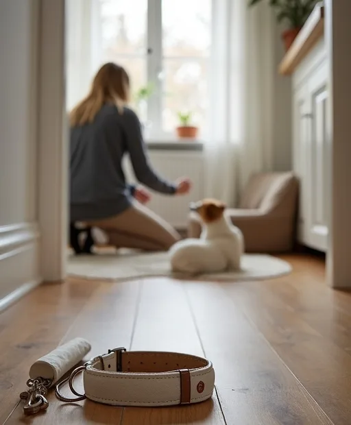 En ny hunds första saker hemma: ID-bricka, bajspåsar, koppel och en hundbädd.