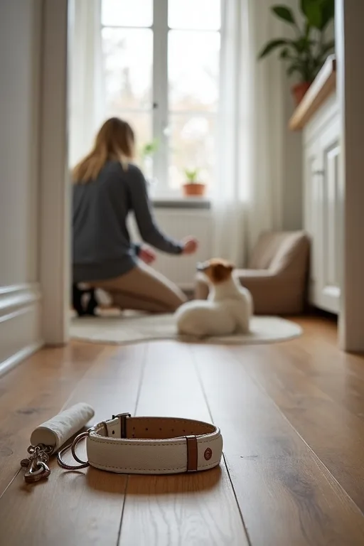 En ny hunds första saker hemma: ID-bricka, bajspåsar, koppel och en hundbädd.
