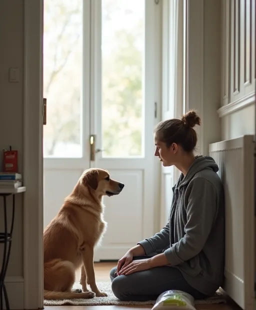 En person sitter i hallen med en hund och förberedelser för en ny hundstart.
