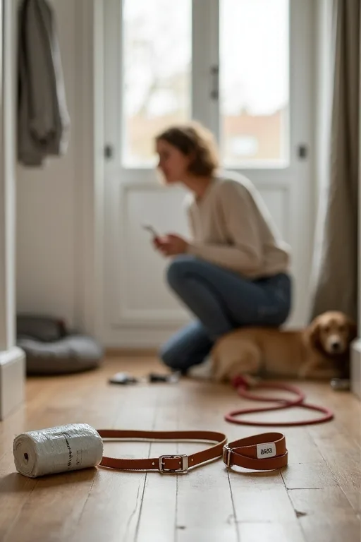 En enkel start för hunden hemma med sele, koppel och en lugn sovplats.