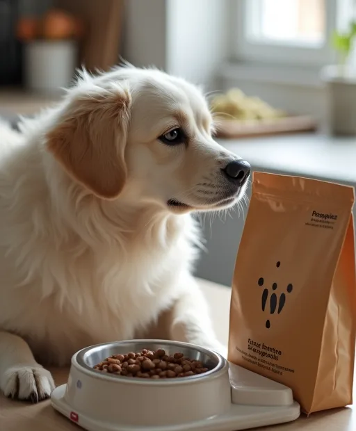 Hundmat vägs upp med digital köksvåg vid en matskål i ett lugnt kök.