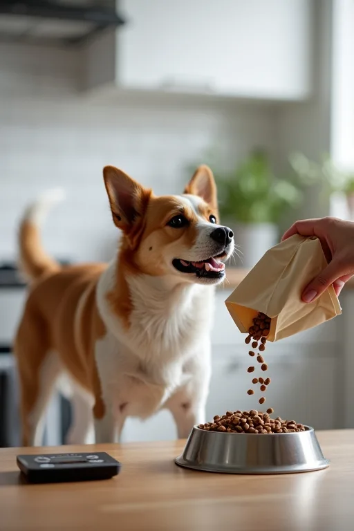 En hund vid matskålen i ett lugnt kök med en uppmätt fodergiva