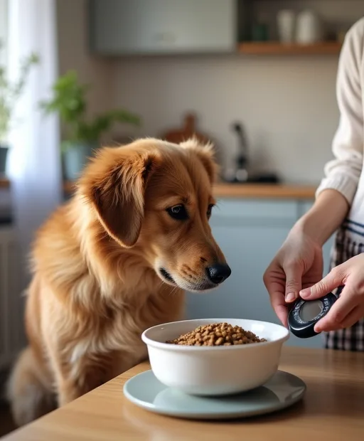 Hundägare väger upp hundfoder med en digital köksvåg i ett lugnt hem