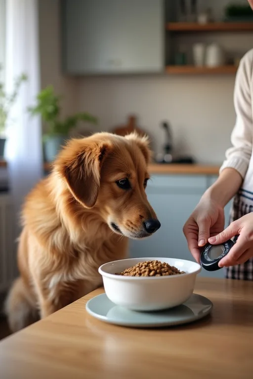 Hundägare väger upp hundfoder med en digital köksvåg i ett lugnt hem