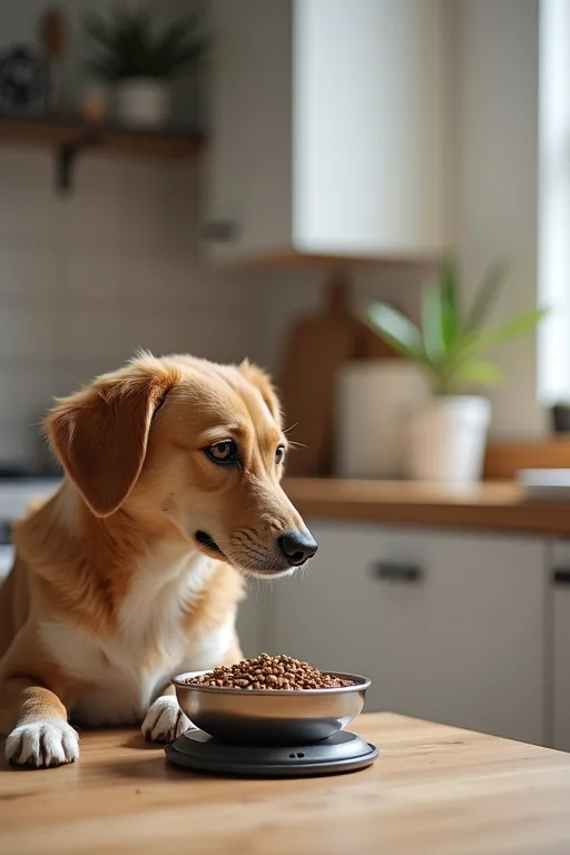 Hundägare som förbereder hundmat i ett lugnt kök med fokus på rutiner