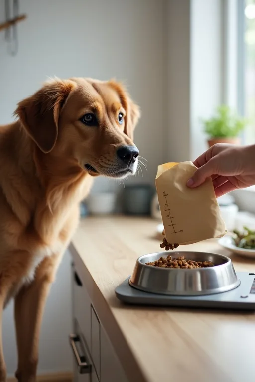 Hundfoder och mätredskap på ett köksbord för noggrann utfodring