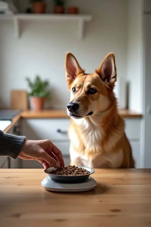 Hundägare som följer upp hundens matvanor med anteckningar i en lugn hemmiljö