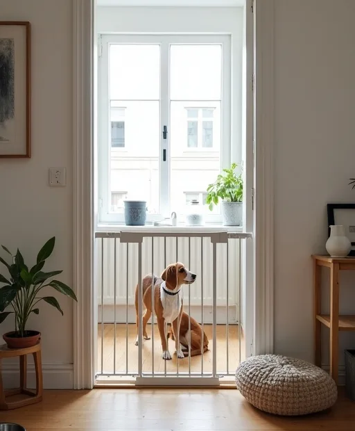 Förberett hem med grind, hundhage och hundsäng inför att en hund ska flytta in