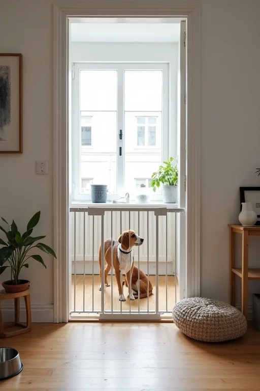 Förberett hem med grind, hundhage och hundsäng inför att en hund ska flytta in