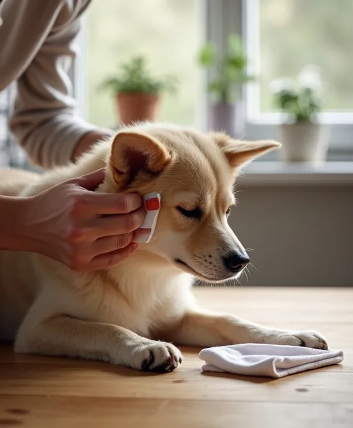 En hundägare som försiktigt rengör hundens öra hemma med skonsam öronvård.