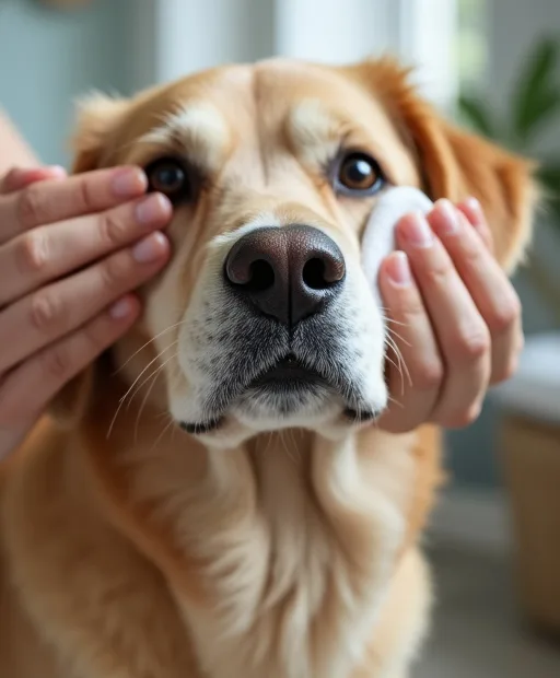 En hund får varsam ögonrengöring med en mjuk servett i hemmet