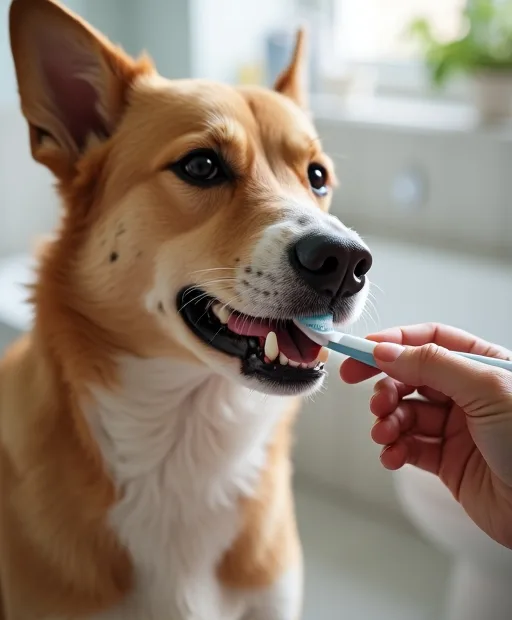 Hundägare borstar hundens tänder hemma med tandborste och tandkräm.