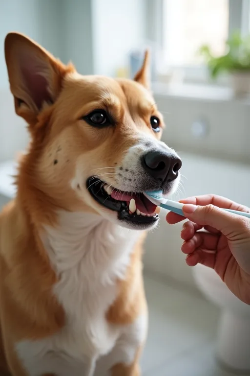Hundägare borstar hundens tänder hemma med tandborste och tandkräm.