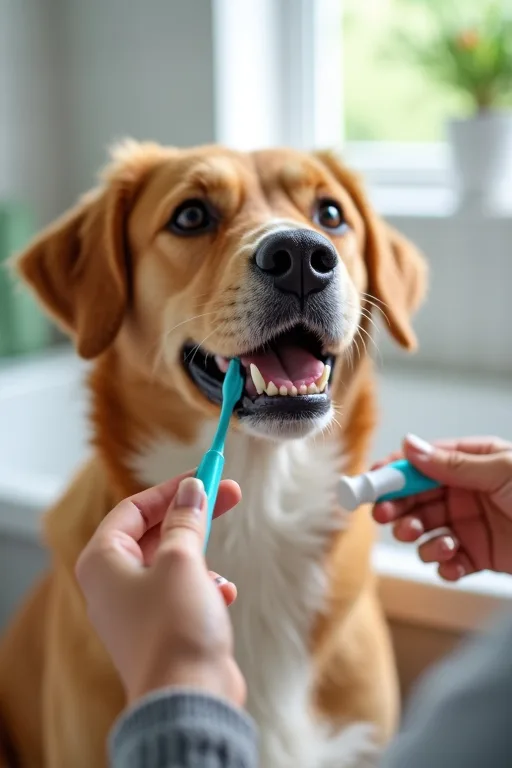 Hundägare följer en lugn tandvårdsrutin hemma med borste och tydlig veckoplan.