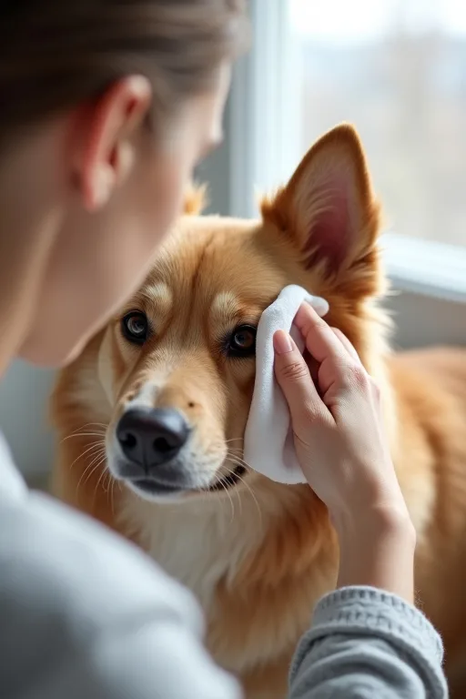 En lugn hemmamiljö där en hund får varsam ögonrengöring med mjuk servett.