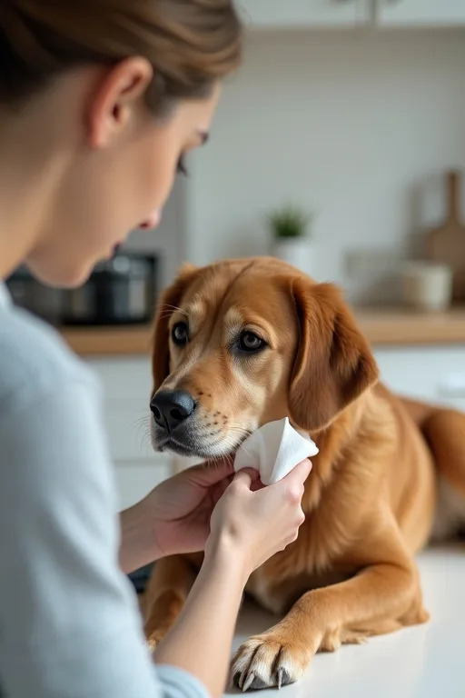 Lugn hemmarutin där en hund får ögonområdet rengjort med en mjuk servett vid köksbordet