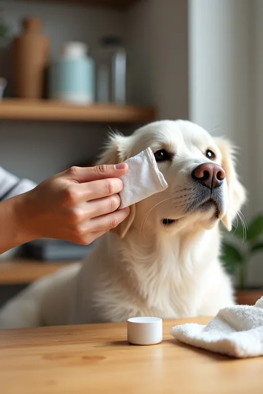 Närbild på hundägare som försiktigt rengör hundens ögonområde med en mjuk servett