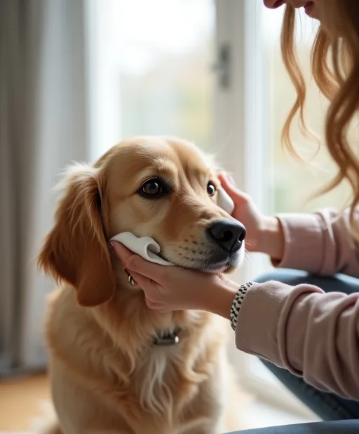 En hundägare rengör försiktigt hundens ögonområde med en mjuk servett hemma.