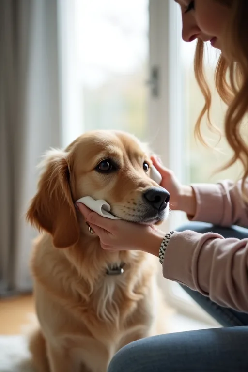 En hundägare rengör försiktigt hundens ögonområde med en mjuk servett hemma.