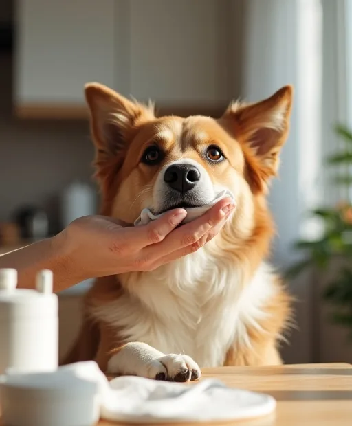 Hund som får ögonen rengjorda med en mjuk servett i hemmamiljö