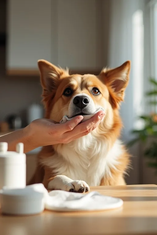 Hund som får ögonen rengjorda med en mjuk servett i hemmamiljö