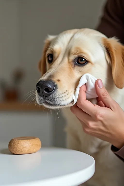 Hundägare som jämför mjuka rengöringsservetter vid en ljus köksbänk inför hundens ögonvård