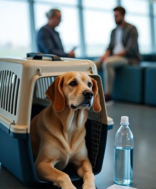 Hund i flyggodkänd transportväska på flygplatsen med resehandlingar och vattenflaska bredvid