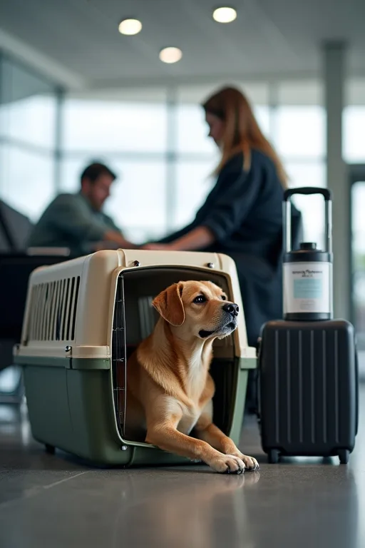 Flyggodkänd transportväska för hund i lugn flygplatsmiljö