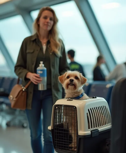 Hundägare som förbereder flygresa med hund i en flyggodkänd transportväska.