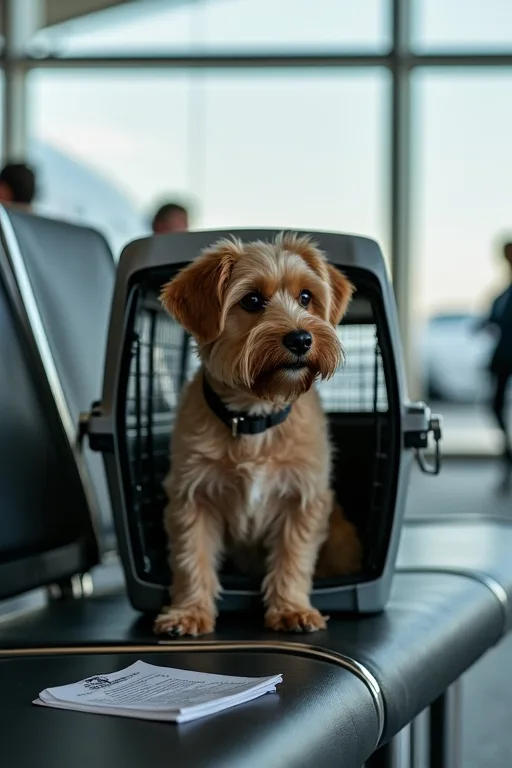 Flyggodkänd transportväska och reseutrustning för hund på flygplats.