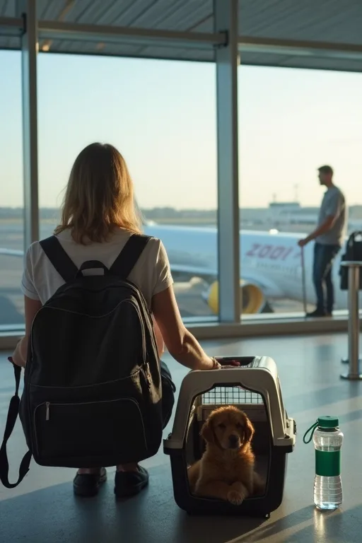Hundägare som går igenom reseplanering och hunddokument inför flygresa.