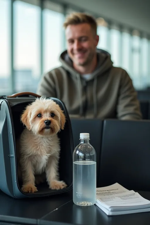 Lugn hund i transportväska med reseförberedelser inför flygresa.