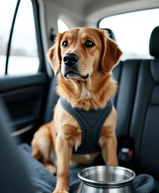 Hund som reser säkert i bil i Sverige med vattenflaska och hopfällbar skål nära till hands