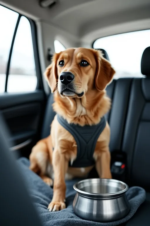 Hund som reser säkert i bil i Sverige med vattenflaska och hopfällbar skål nära till hands