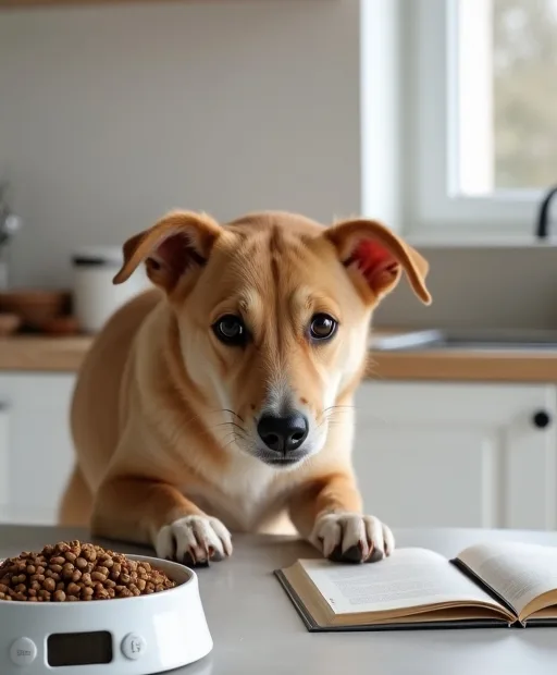 Hund som äter uppmätt hundfoder i ett lugnt kök med digital våg bredvid.