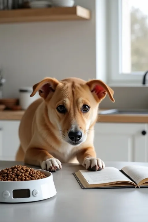 Hund som äter uppmätt hundfoder i ett lugnt kök med digital våg bredvid.