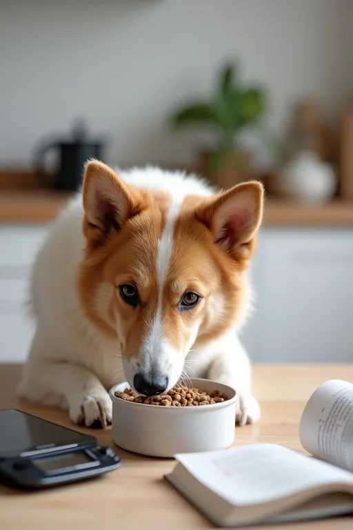 Hund som står lugnt vid matskål i ett kök med enkel vardagsmiljö.