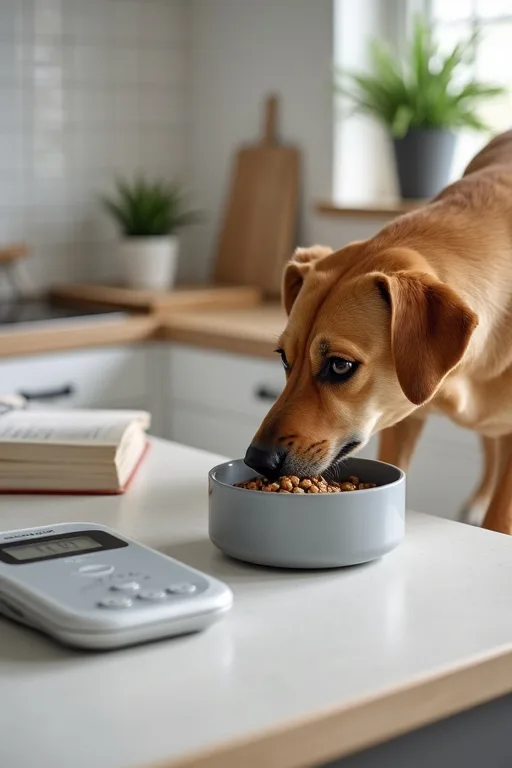 Digital köksvåg och anteckningar bredvid hundens mat för noggrann portionskontroll.