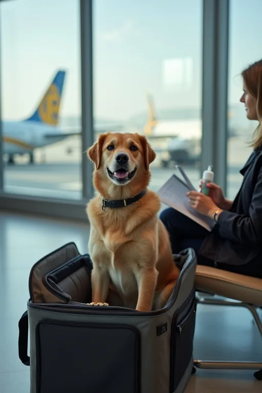 Flyggodkänd transportväska för hund med praktiska reseförberedelser inför avresa.