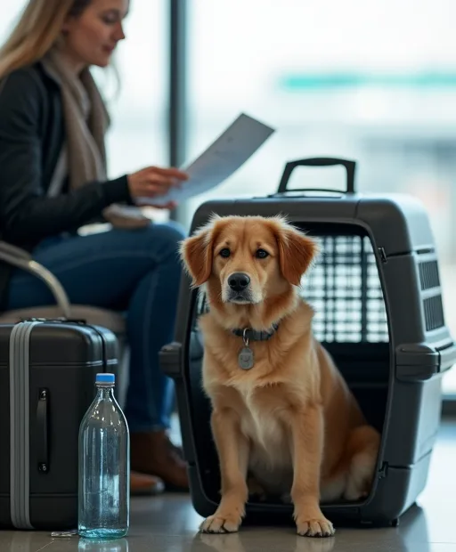 Hund i flyggodkänd transportväska på flygplatsen med ägaren bredvid.