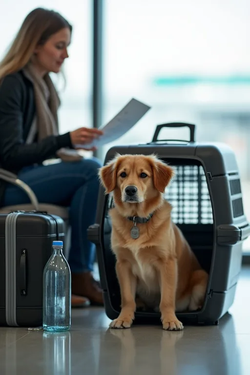 Hund i flyggodkänd transportväska på flygplatsen med ägaren bredvid.