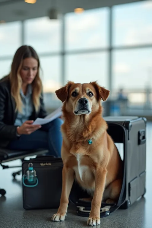 Hund som förbereds för flygresa med lugna resevanor och praktisk packning.