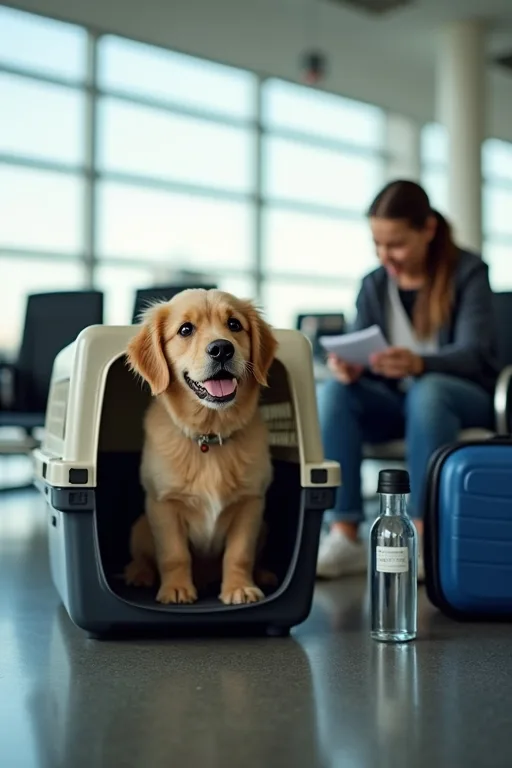 Hundägare som förbereder resehandlingar vid flygplatsen innan en resa med hund.