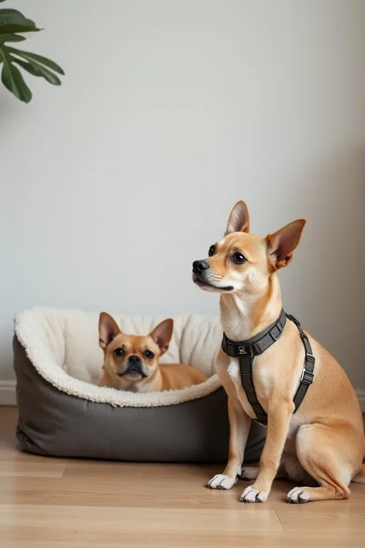 Kompakt hundsele och lugn hundbädd i en stilren lägenhet.