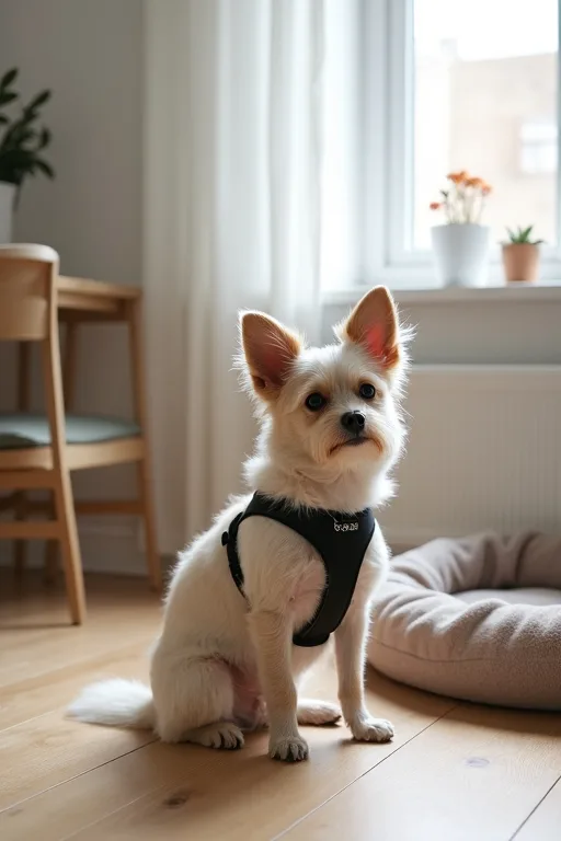 Hund i lägenhetsmiljö där vardaglig passform är viktigare än storlek.