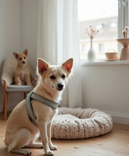 Liten hund i en ljus lägenhet med sele och lugn hundbädd.