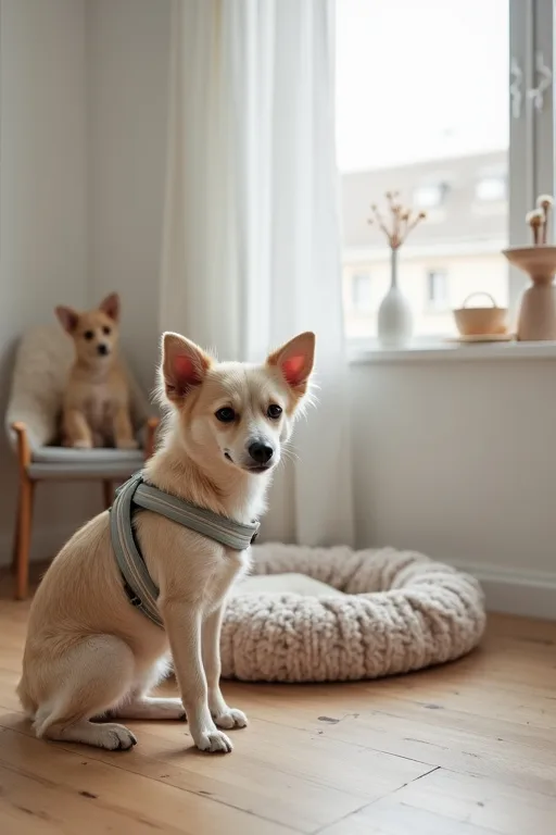 Liten hund i en ljus lägenhet med sele och lugn hundbädd.