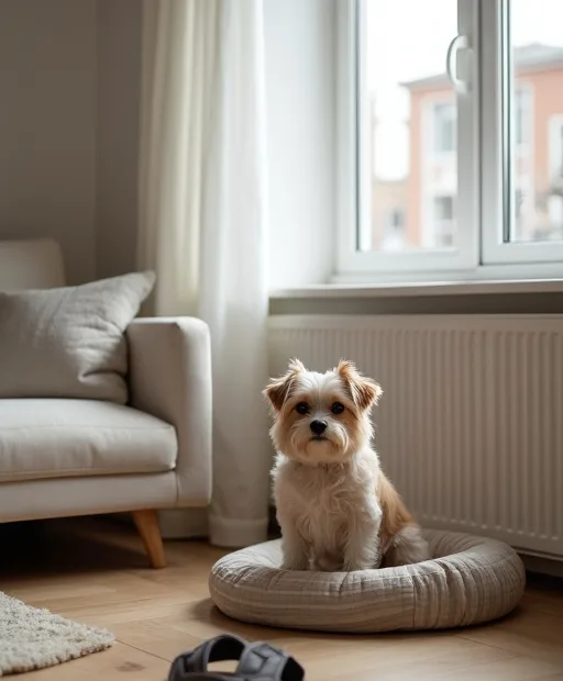 En liten hund i en lugn lägenhet med bädd och sele nära till hands