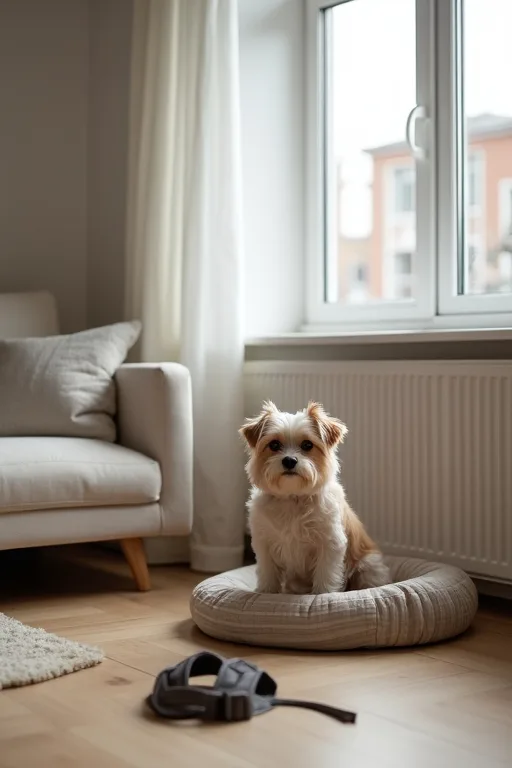 En liten hund i en lugn lägenhet med bädd och sele nära till hands