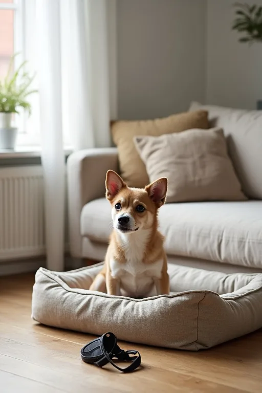 En liten hund som vilar i en modern svensk lägenhet